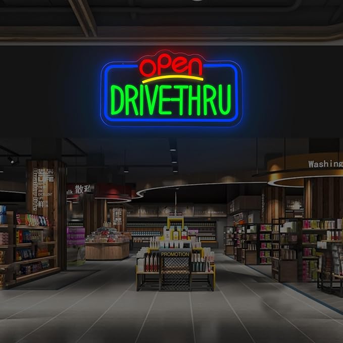 Drive Thru Open Neon Signs for Wall Decor LED Drive Thru Sign for Business for Fast Food, Electric Advertising Display Sign for Pizza Burger Business Shop Store Window Home Decor
