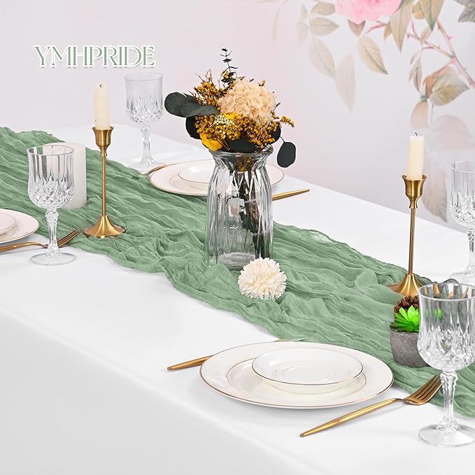 8 Pack Sage Green Cheesecloth Table Runner 120 Inch 10FT Spring Boho Rustic Sheer Gauze Cheese Cloth Table Runner for Wedding Baby Shower Birthday Party Table Decor