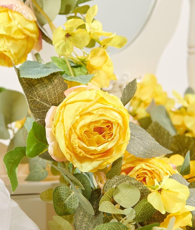 PONKING Flower Garland Artificial Rose & Hydrangea Vine Hanging Fake Flowers Vines for Wedding Birthday Party Valentines Christmas Room Wall Arch Decor, 1 Rose & 1 Hydrangea Yellow Floral Garland