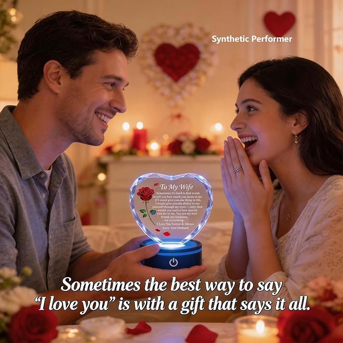 Anniversary and Birthday Gifts for Women Wife, Heart Shaped Crystal Keepsake with Rose and Love Letter Engraving, Color Changing LED Base,Romantic Christmas Valentine's Day Gifts for Wife from Husband (Red Rose - Multicolor LED)