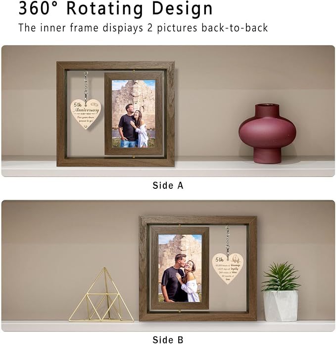EYITUPC 5 Year Anniversary Picture Frame Gifts for Girlfriend Boyfriend Her Him, Wood 5th Wedding Anniversary Photo Frame for Wife Men Husband, Display 2 4x6 Inch