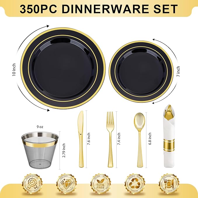 BESTVIP 700PCS Black Gold Plastic Dinnerware Set for 100 Guests, Disposable Plates for Party, Include: 200 Plastic Plates, 100 Pre Rolled Napkins with Gold Silverware, 100 Cups for Christmas