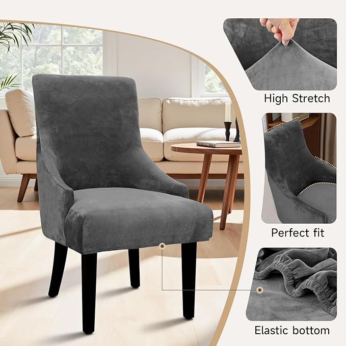 Velvet Wingback Dining Chair Cover Soft Stretch Accent Chair Cover Slipcover Thick Plush Wing Back Chairs Covers Furniture Protect Washable Chairs Protector Covers for Dining Room (Dark Grey, 2)