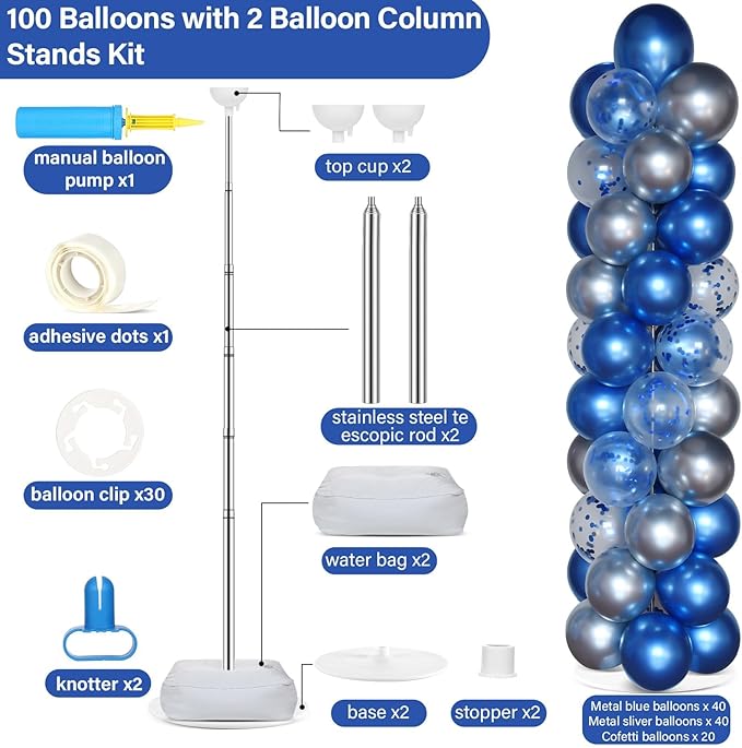 2 Sets Navy Blue and Silver Balloon Column Stand Kit with 100 Balloons Adjustable Balloon Tower Stand with Bases for Floor Confetti Balloon Column Kit for Graduation Birthday Appreciation Party Decor