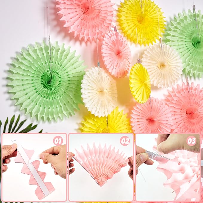 SUNBEAUTY 11Pcs Pastel Paper Fans Party Decorations for Wall, Yellow Pink Green Colorful Hanging Large Wall Fan Spring Summer for Birthday Party Bachelorette Anniversary Wedding Photo Booth Backdrop