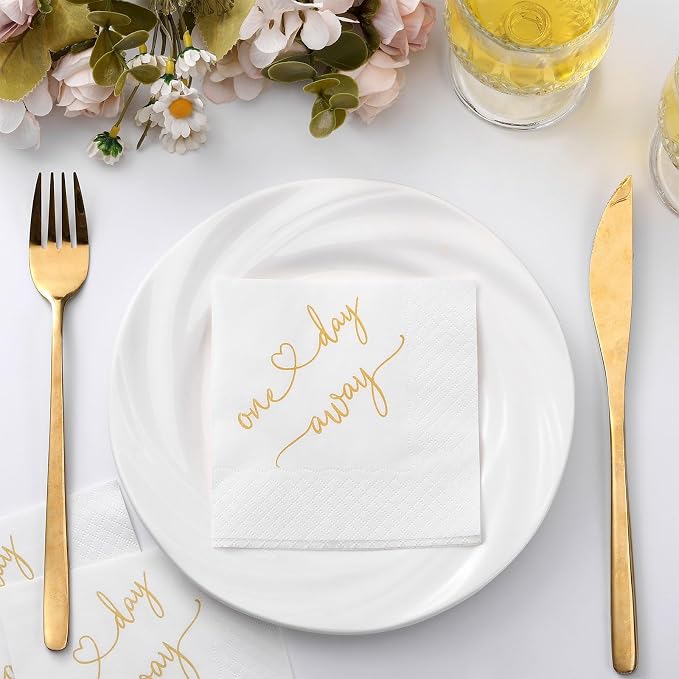Crtiin 200 Pcs One Day Away Rehearsal Dinner Cocktail Napkins One Day Away Party Supplies Disposable Paper Napkins in Bulk for Wedding Rehearsal Dinner Beverage Table Decorations, 4.5 x 4.5 Inch Gold