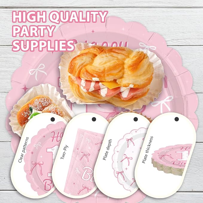 96Pcs Pink Bow Party Supplies 17th Birthday Party Plates and Napkins Disposable Bow Themed Tableware Set for Girl Happy 17th Birthday Baby Shower Decorations, Serves 24