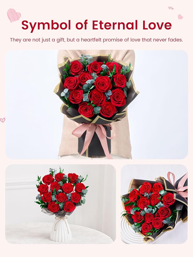 Mosstory 12 Red Preserved Roses Bouquet Flower Bouquet with Led Lights Gift for Women Wife Mother Day Birthday Wedding Anniversary (Black)