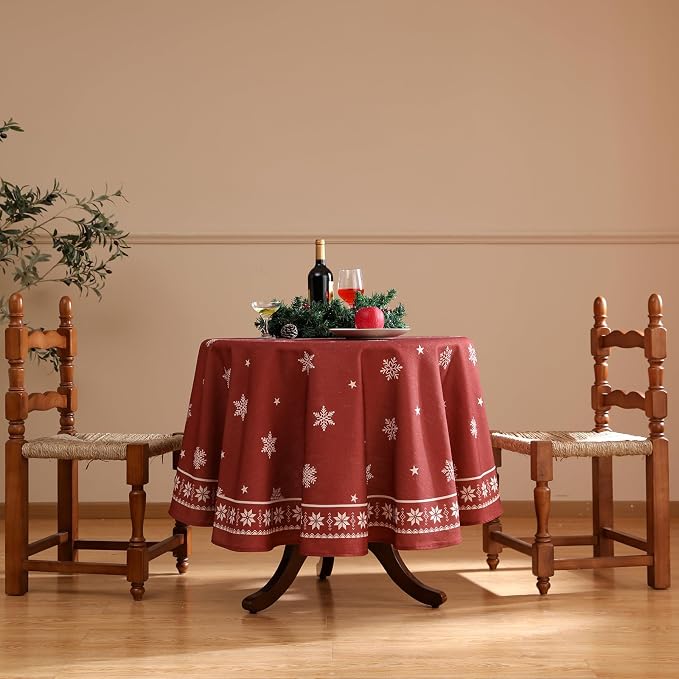ISAENNE Designer Vintage Linen Round Tablecloth,Diameter 67"-Carol C | French Elegant Table Cloth for Round Table,Red,Durable,Heavyweight,Dining Room,Kitchen,Tea Party,Thanksgiving,Christmas