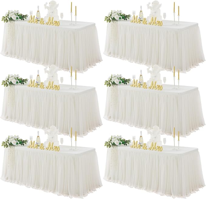 familus Ivory Table Cloths 6 Foot Rectangle 6 Pack Stretch Ruffle Tulle Tablecloth Spandex Fitted Table Cover for 6 Foot Tulle Table Skirts for Party Wedding Table Cloths, Banquets