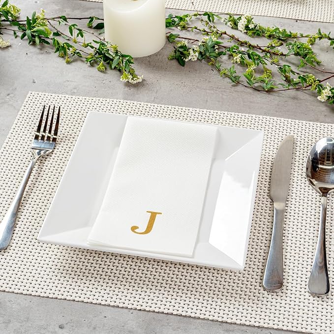 Luxenap 15.8 X 7.9 Inch Linen-Feel Guest Towels, 2000 Lettered Hand Towels - Gold Letter 'J', Sans Serif Font, White Paper Dinner Napkins, airlaid, For Restrooms And Tables