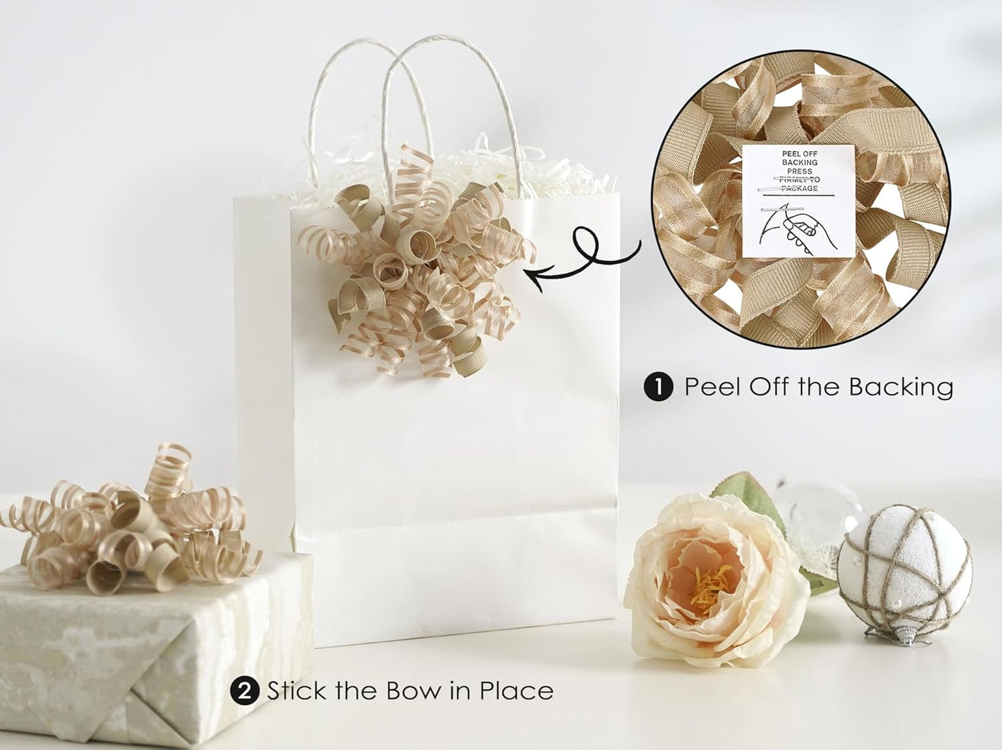 HUIHUANG Curly Bows for Gift Wrapping Champagne Gift Bow 5 inch x 8 Counts Self-Adhesive Ribbon Bows for Presents, Paper Bag, Party Favors, Wrapping Accessories, Holiday Wedding Decoration