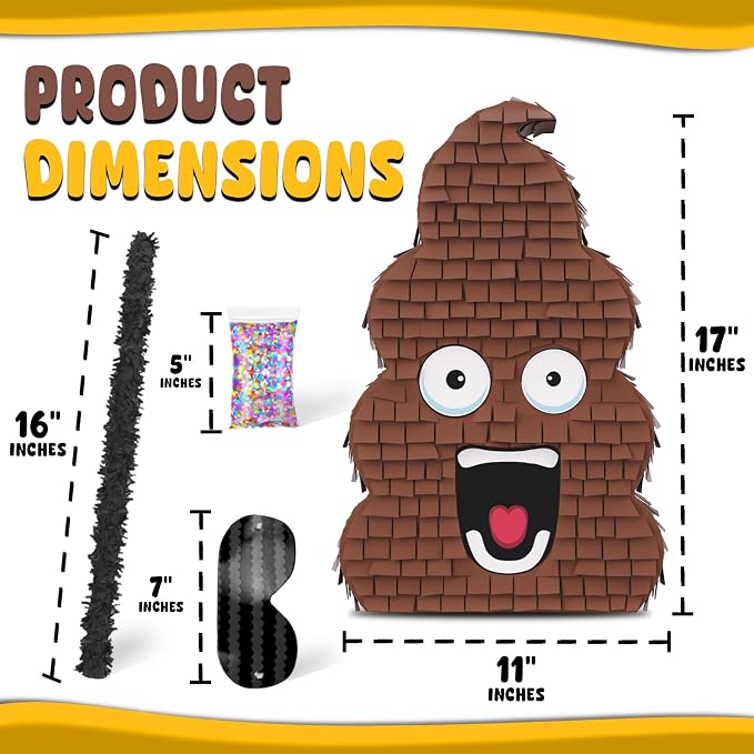 Jergrim Funny Poop Piñata 4-Piece Set perfect for Birthday Parties, Decorations, Emoticon Parties, Fun shape, Great Party Addition for kids, teens, and adults 17”X10” Durable!