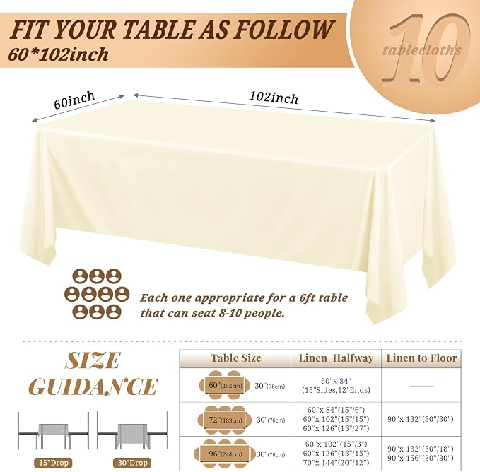 Pesonlook 10Pack Beige Polyester Tablecloths, 60 x 102 Inch for 6ft Rectangle Tables Polyester Table Cover Washable Table Cloth for Wedding Reception Banquet Party