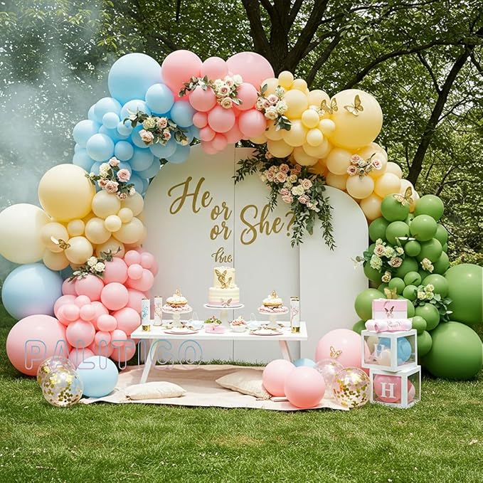 Pastel Balloon Arch Kit for Baby Shower Decorations, Birthday Party, Garden Wedding – Double Stuffed Pink Blue Yellow Green Balloons with Gold Butterflies – Girl Boy Gender Reveal Decorations