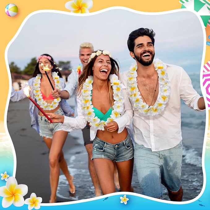 Sherr 48 Pcs LED Hawaiian Leis Light up Flower Leis Necklace with LED Lights Luau Flowers Necklaces for Masquerade Beach Wedding Tropical Themed Party Supplies(White with Yellow)