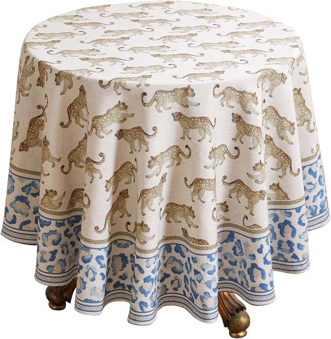 patdrea Vintage Leopard Print Linen Tablecloth,Round,Diameter 55"-from | Fench Elegant Table Cloth for Round Table,Animal Patterned,Dining Room Kitchen Tea Party Decoration,Durable