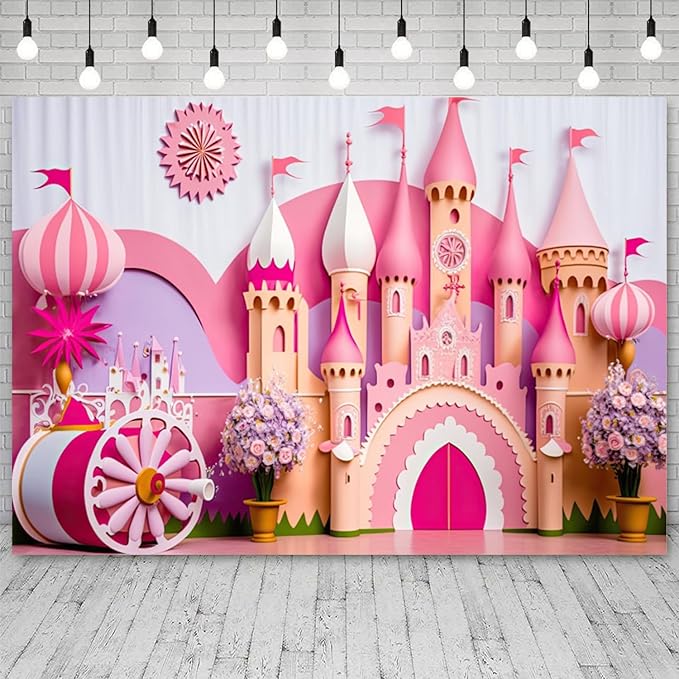 12x6ft Princess Castle Backdrop Pink Purple Floral Girl Birthday Photography Background Kids Birthdays Newborn Baby Shower Banner Decorations Wedding Party Portrait Photo Booth Prop