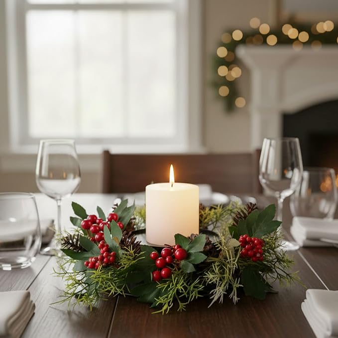MOYEE Christmas Winter Centerpieces for Tables Candle Ring, Black Metal Candlestick with an Artificial Wreaths 14 in Versatile Dining Table Centerpiece Decor (Pinecone and Green Leaf Wreath)