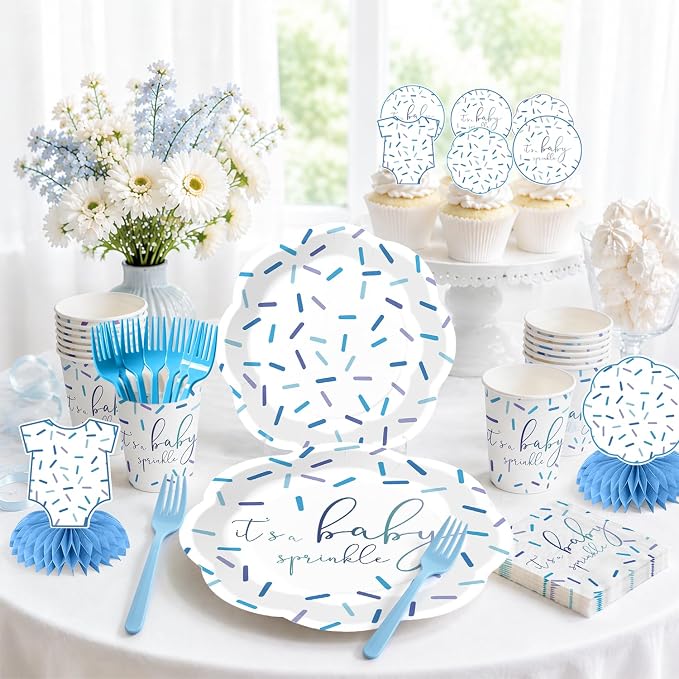 Xynic 205Pcs Baby Sprinkle Decorations Tableware Set Serves 25 Guests Sprinkled with Love Baby Shower with Blue Confetti Plates, Napkins, Tablecloths, Banner, and Cake Toppers for Boy