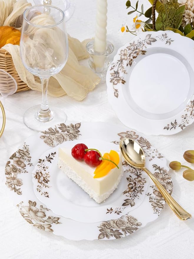 WDF 20PCS Brown Plastic Plates - Baroque White and Brown Floral Plates - Floral Party Decorations for Birthdays/Tea Party/Showers