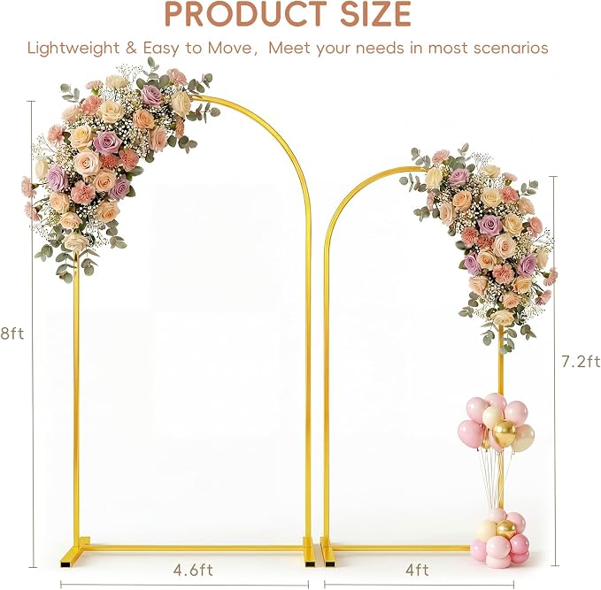 Toolterritary Metal Arch Backdrop Stand Set of 2, 8FT+ 7.2FT Balloon Arch Stand, Gold Wedding Arch Frame with Stable Base, Arch Backdrop for Party Birthday Baby Shower Graduation Decor