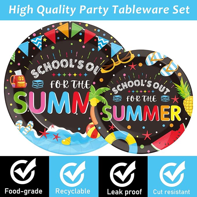 96 Pieces End of School Year Theme Tableware Set for Kids Class Summer Table Decorations Supplies School's Out Dessert Plates Napkins Forks for 24 Guests Tropical Beach Pool Disposable Party Favors