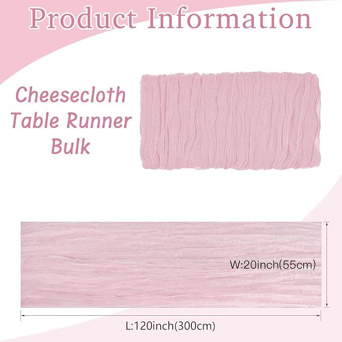 16 Pack Cheesecloth Table Runners 20" x 120", Boho Gauze Table Decor for Wedding, Bridal Shower, Birthday Party, Long Romantic Runner(Pink)