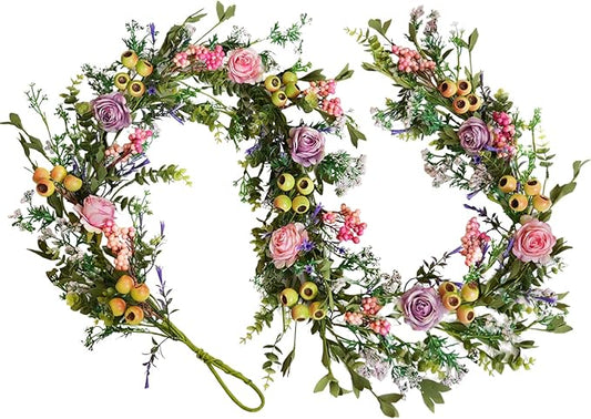 Bibelot 6FT Hydrangea Rose Spring Garland, Purple Pink Spring Summer Eucalyptus Vine, Artificial Flower Garland for Mantle Fireplace Wedding Indoor Outdoor Home Decor