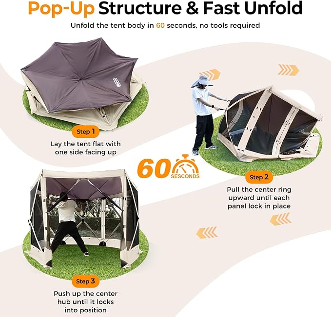 Tecoom 10x10ft 6-Side Pop Up Gazebo Tent, Waterproof Instant Screen with Mosquito Netting, Portable Outdoor Canopy with 4 Removable Wind Cloths, Sun Shelter for Camping, Garden and Picnics, Khaki