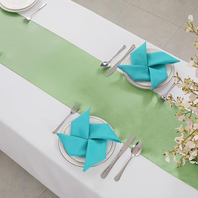 Horbaunal 12 Pack Sage Green Satin Table Runner 12 x 108 Inch, Smooth Table Runners for Wedding Banquets Birthday Party