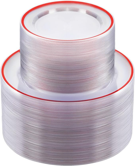 BESTSTAR 200PCS Red and Clear Plastic Plates, Disposable Plate Set with 100 Dinner Plate and 100 Dessert Plates for Party, Christmas, Valentine's Day
