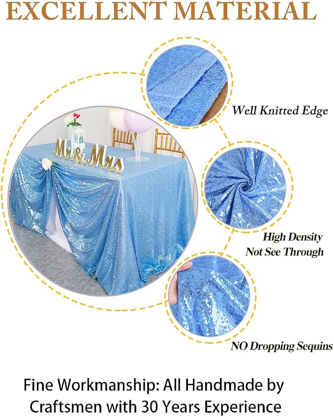 ShiDianYi Rectangular Sequin Tablecloth - Baby Blue 90x132-Inch Light Blue Fabric Glitter Table Linen Cover for Prom, Birthday, Wedding Reception Decoration