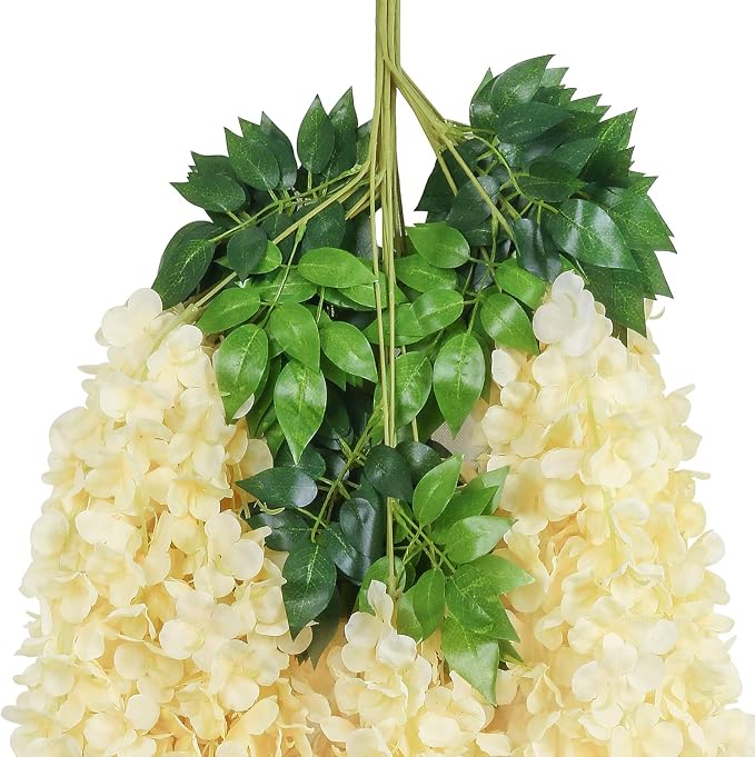 Pauwer Artificial Wisteria Flowers Vine Garland - 12 Pack Wedding Hanging Silk Flower String, Fake Ratta Garland, Champagne