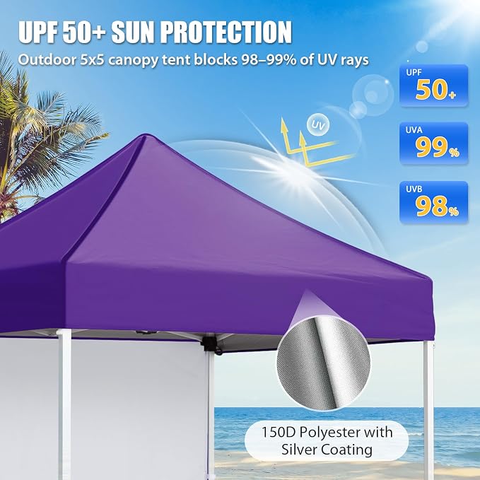 EAGLE PEAK Pop up Canopy 5x5, Outdoor Portable Canopy Tent with One Removable Sunwall, Carry Bag Included, Purple