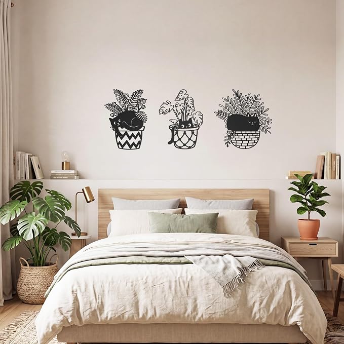 Fiwochic 3 Pcs Black Cat Metal Wall Decor Cute Blakc Cat Botanical Wall Art Leaves Art Potted Plant Decoration for Cats Lover Minimalist Room Living Room Patio Decor Gift