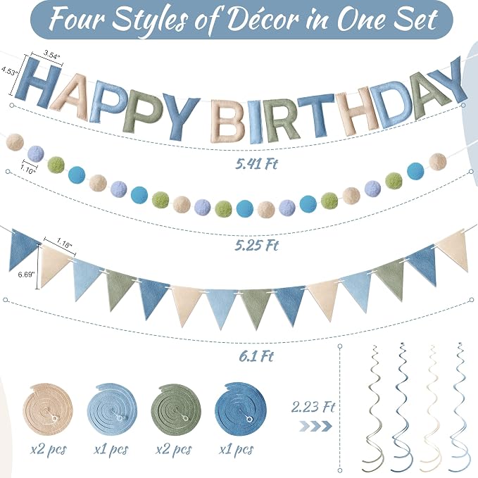 Kriyokiaa Pre-Strung Felt Happy Birthday Banner Dusty Blue Sage Green Happy Birthday Party Decorations with Pom Pom Garland, Flag and Hanging Swrils for Men Boys Party Decor