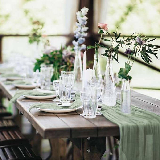 10 Pack Cheesecloth Table Runner 17 x 108 inch Long Boho Gauze Table Runners Semi Sheer Table Runner for Wedding Decor, Baby Shower, Birthday Party, Banquet (Sage Green)