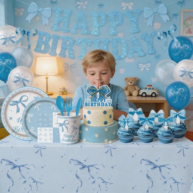 186pcs Blue Birthday Party Supplies – Bow Knot Theme Disposable Tableware Kit with Happy Birthday Banner, Balloons, Plates, Cups, Utensils & Napkins for Girls Boys Party Decorations, Serve 20