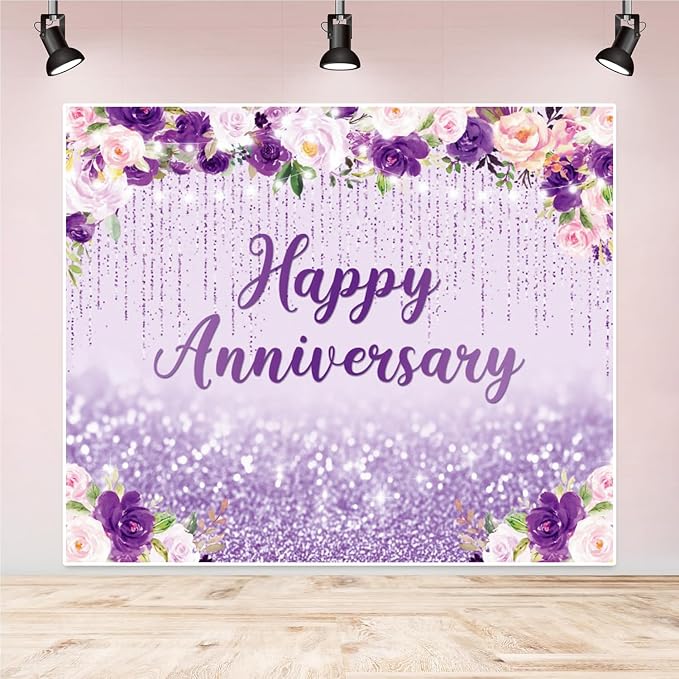 12x10ft Happy Anniversary Backdrop, Floral Glitter Backdrop for Women Wedding Anniversary Decoration Violet and Pink Flowers Photography Background Cake Table Banner Party Decor