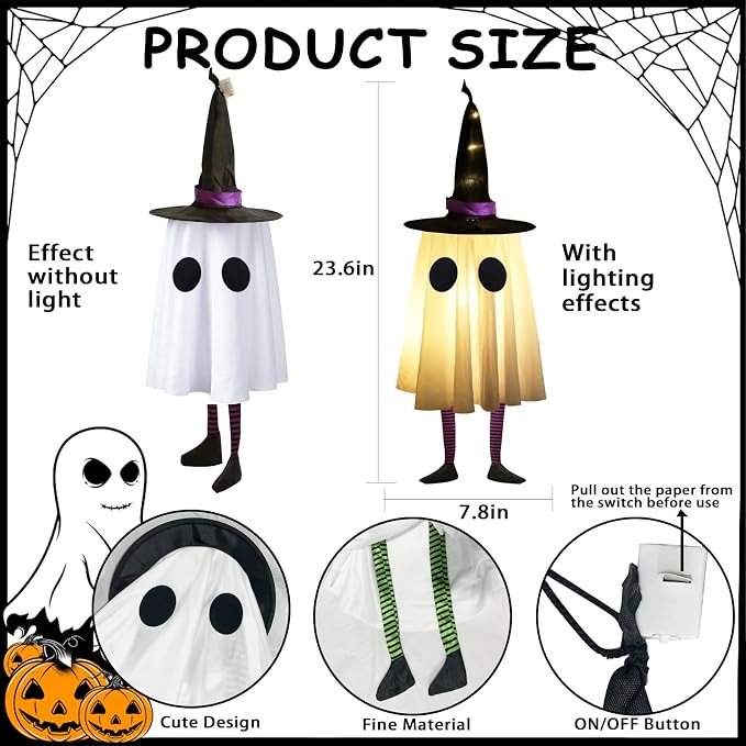 Halloween Hanging Ghosts, Halloween Ghost Decor with Witch Hat for Outdoor | Set of 3, Unique Ghost & Witch Fusion Design, Indoor and Outdoor Use, Cute and Spooky Design, Soft Lightweight Fabric