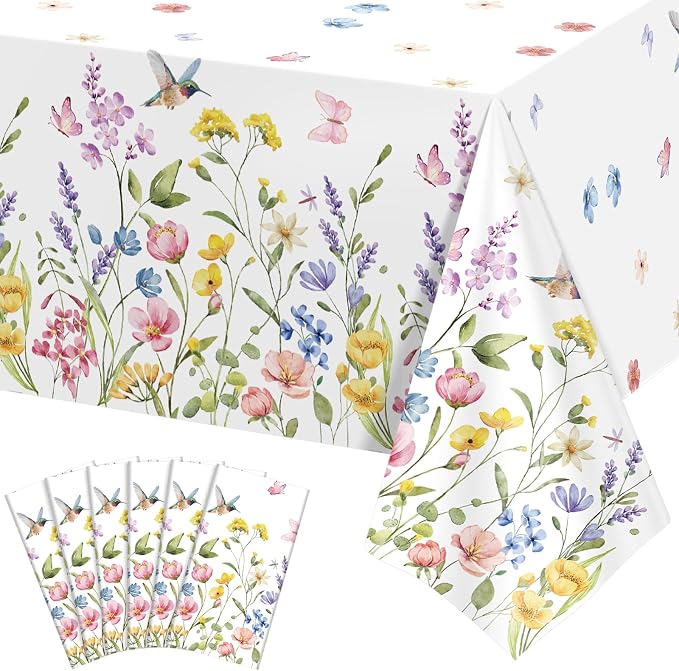 NatNarr 6 Pack Wildflower Plastic Tablecloths, 54 X 108Inch Spring Tablecloth Disposable Tea Party Table Cloth, Butterfly Wildflower Porcelain Tables Decor for Tea Party Birthday Garden Wedding Party
