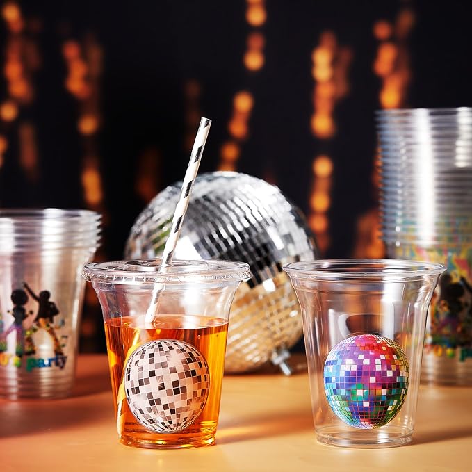 Qinyoung 60 Sets 14oz Disco Ball Plastic Cups with Lids and Straws, Bulk Party Supplies for 70s Theme, Bachelorette, Wedding, Bridal Shower, Birthday, Iced Coffee and Cocktail Glasses
