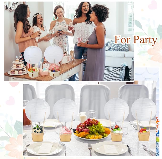 Namalu 24 Set Hot Air Balloon Table Centerpieces Baby Shower Party Decoration Paper Lanterns with Wooden Basket Sticks for Summer Birthday School DIY Craft(White)