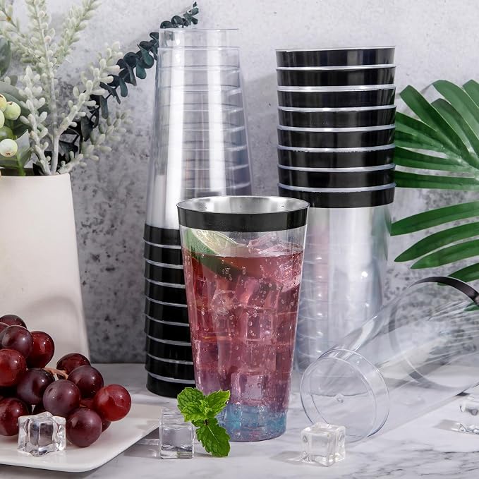 LIYH 100 Pcs 16 oz Black Rim Disposable Plastic Cups – Clear Fancy Party Cups for Weddings Cocktails Party 480ml