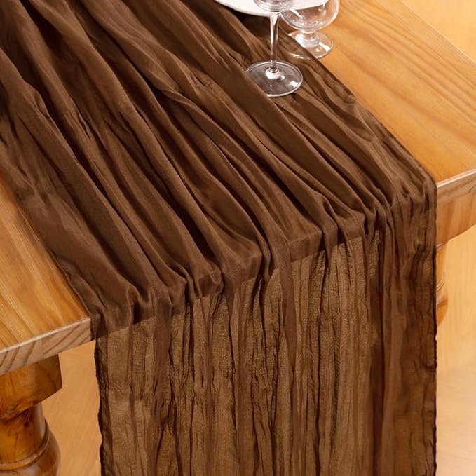 DeZerlor Brown Cheesecloth Table Runner Spring Easter Table Runner Boho Gauze 120 Inches Marron Cheese Cloth Table Decor for Wedding Bridal Baby Shower Parties