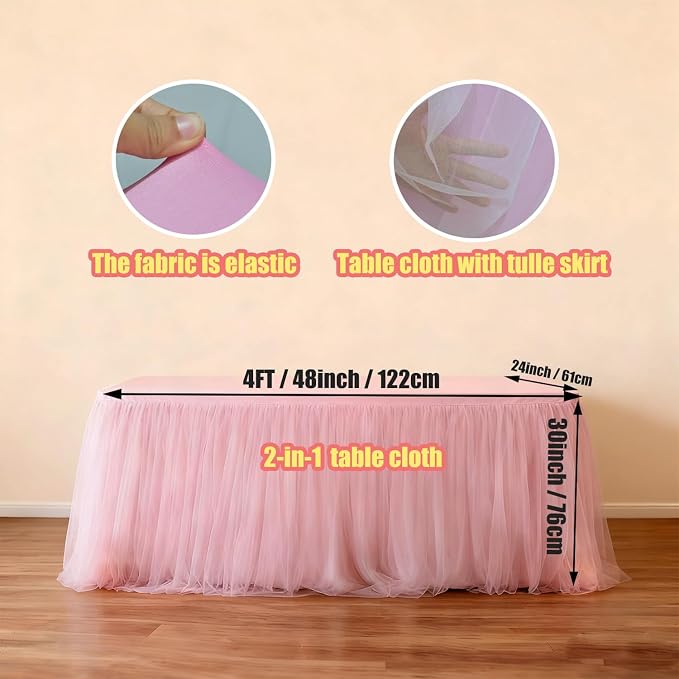 2-Pack Pink 2-in-1 Tulle Tablecloth for 4-Foot Rectangular Table – Stretch Fitted Table Skirt & Cover for Baby Shower, Bridal, Birthday, Princess Party