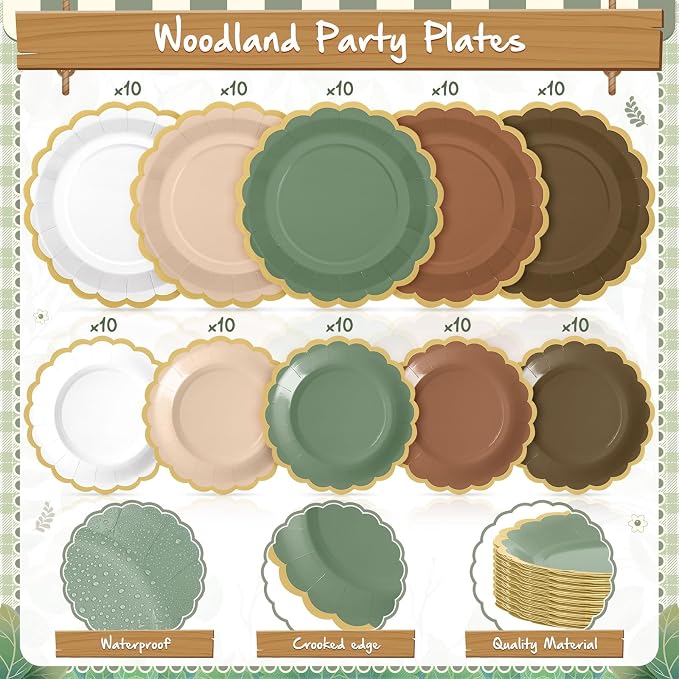 Zhehao 150 Pcs Woodland Plates and Napkins Tableware Serves 50 Includes 9 Inch 7 Inch Green and Brown Scalloped Design Paper Plate and Napkins for Wedding Birthday Baby Shower Party
