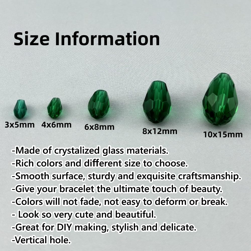 200pcs 3x5mm Teardrop Crystal Glass Beads for Jewelry Making, Faceted Vertical Hole Teardrop Glass Spacer Beads for Wind Chimes Bracelet Earring Necklace DIY Craft(Peacock Green)