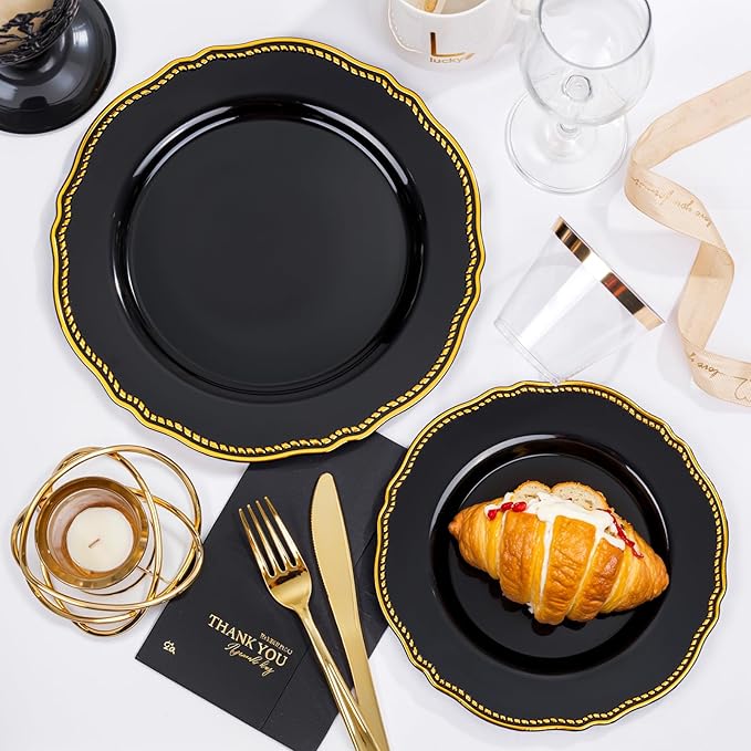 Hioasis 350pcs Black and gold Plastic Plates - Gold Plastic Dinnerware Set Includes 50 Dinner Plates, 50 Dessert Dinnerware, 50 Cups, 50 Rolled Napkin Cutlery Perfect for Wedding & Party